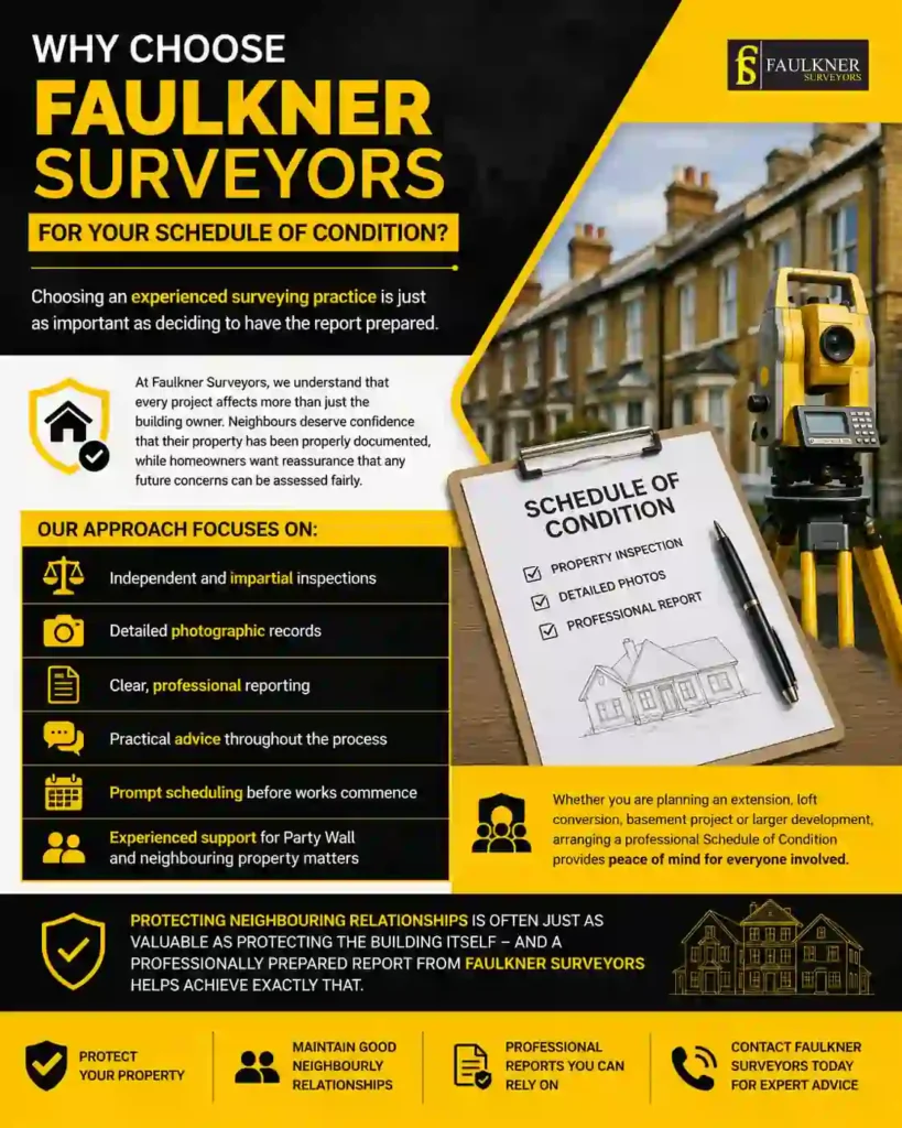 Schedule of Condition: What It Is and Why It Protects Both Neighbours 3 Why Choose Faulkner Surveyors for Your Schedule of Condition Islington?